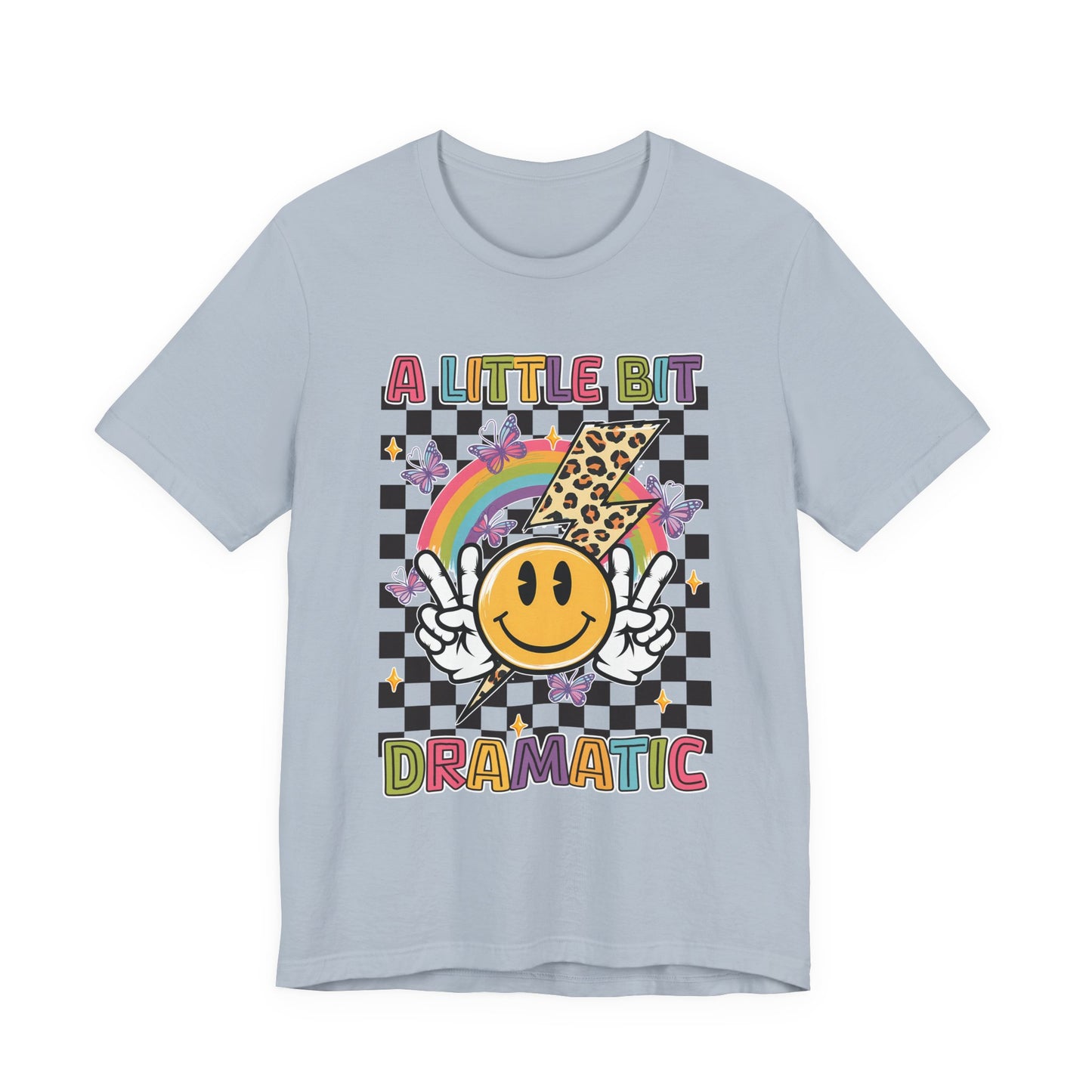 A Little Bit Dramatic Graphic Tee — Smiley Rainbow Checkerboard T-Shirt