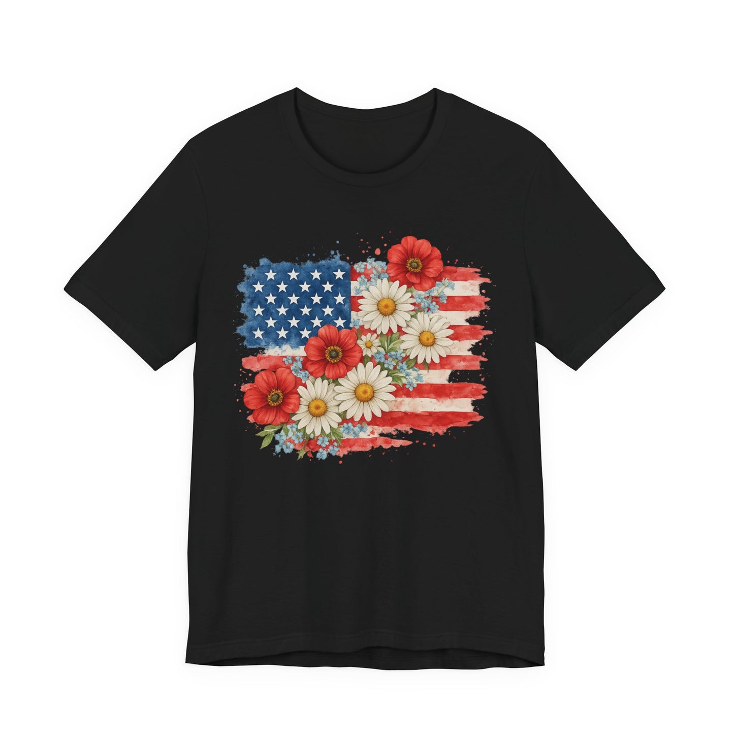 American Flag Floral T‑Shirt – Patriotic Daisy & Poppy USA Tee