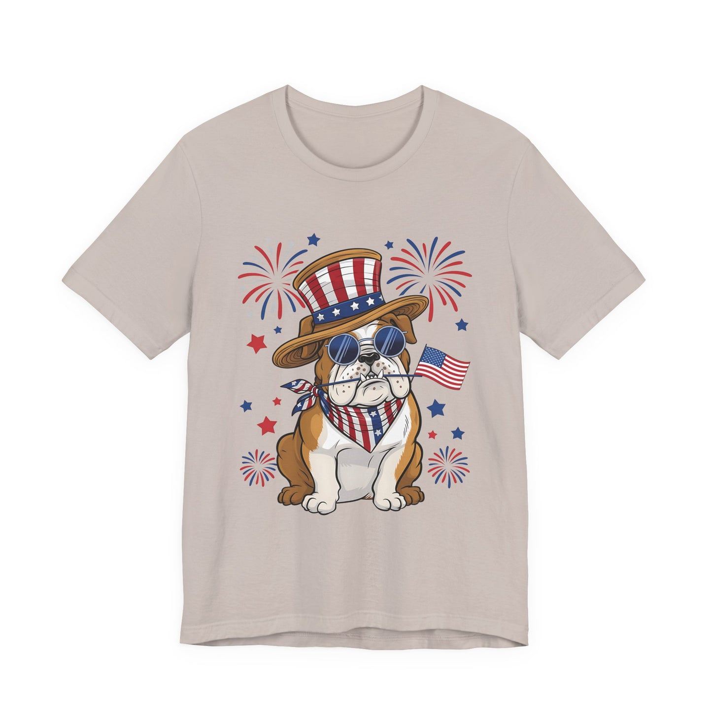 Patriotic Bulldog T-Shirt — American Flag Pup with Uncle Sam Hat & Fireworks (4th of July Tee)