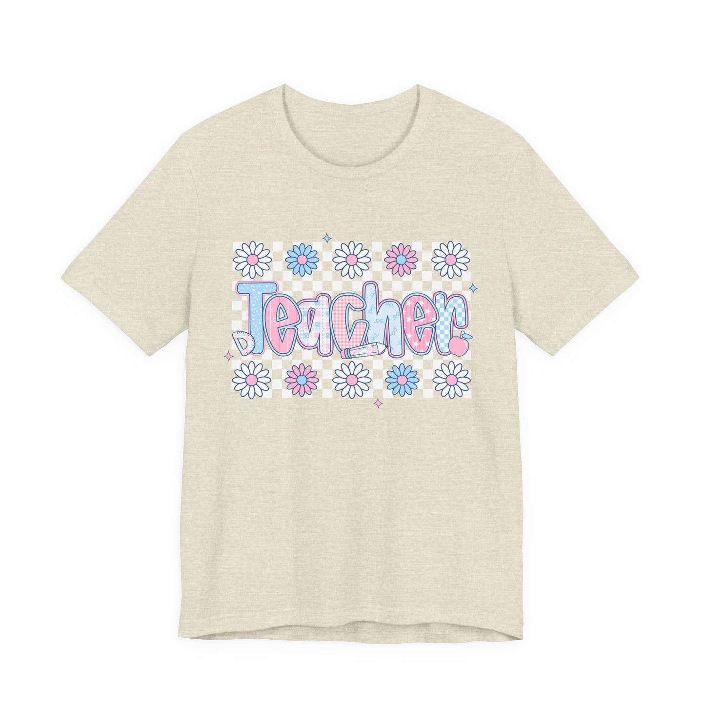 Teacher Daisy Graphic Tee – Cute Pink & Blue Floral Classroom Shirt