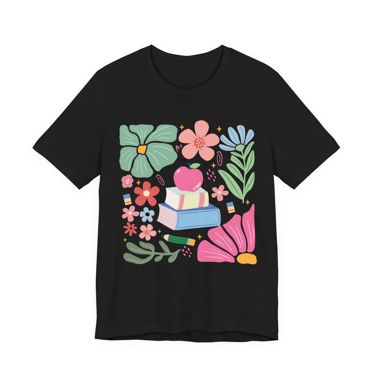 Floral Books & Apple Tee — Cute Spring Reading T-Shirt