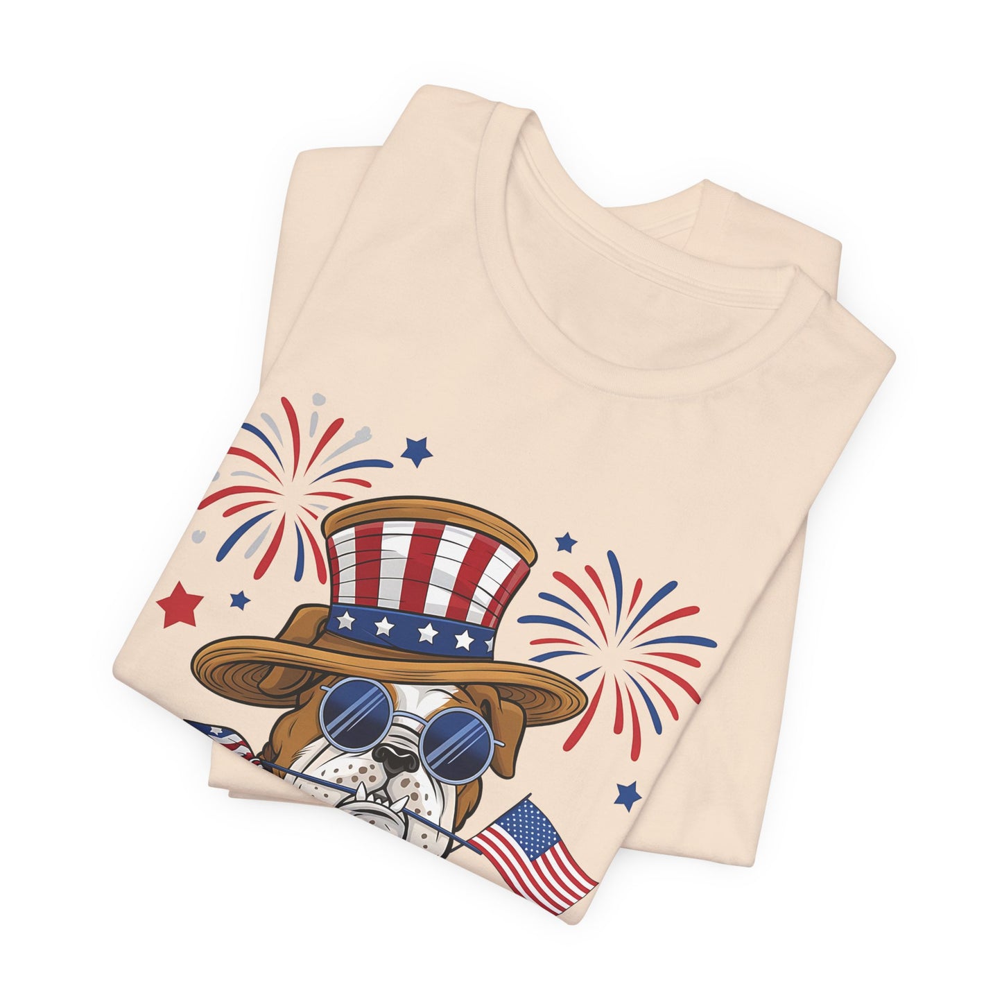 Patriotic Bulldog T-Shirt — American Flag Pup with Uncle Sam Hat & Fireworks (4th of July Tee)