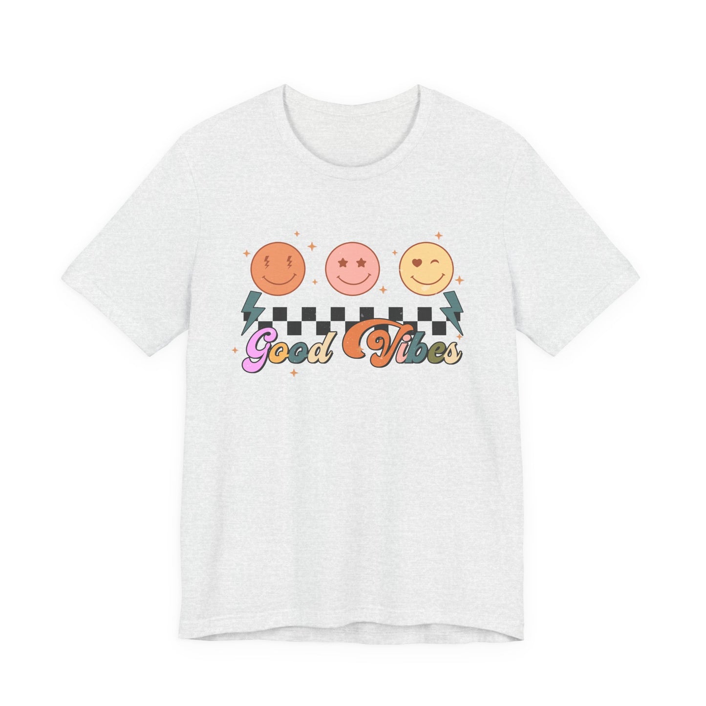 Good Vibes Smiley Tee — Retro Checkerboard Positive Graphic T-Shirt