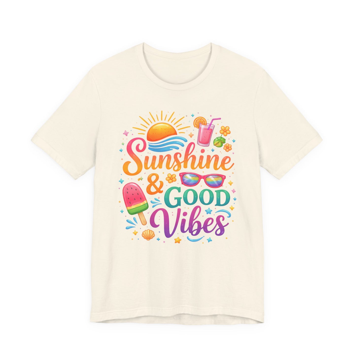 Sunshine & Good Vibes T-Shirt | Summer Beach Drink Sunglasses Popsicle Design