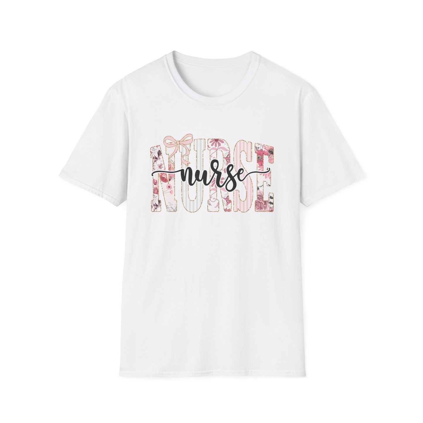 Nurse Floral Graphic Tee — 'Nurse' Script Over Pink Floral Block Letters