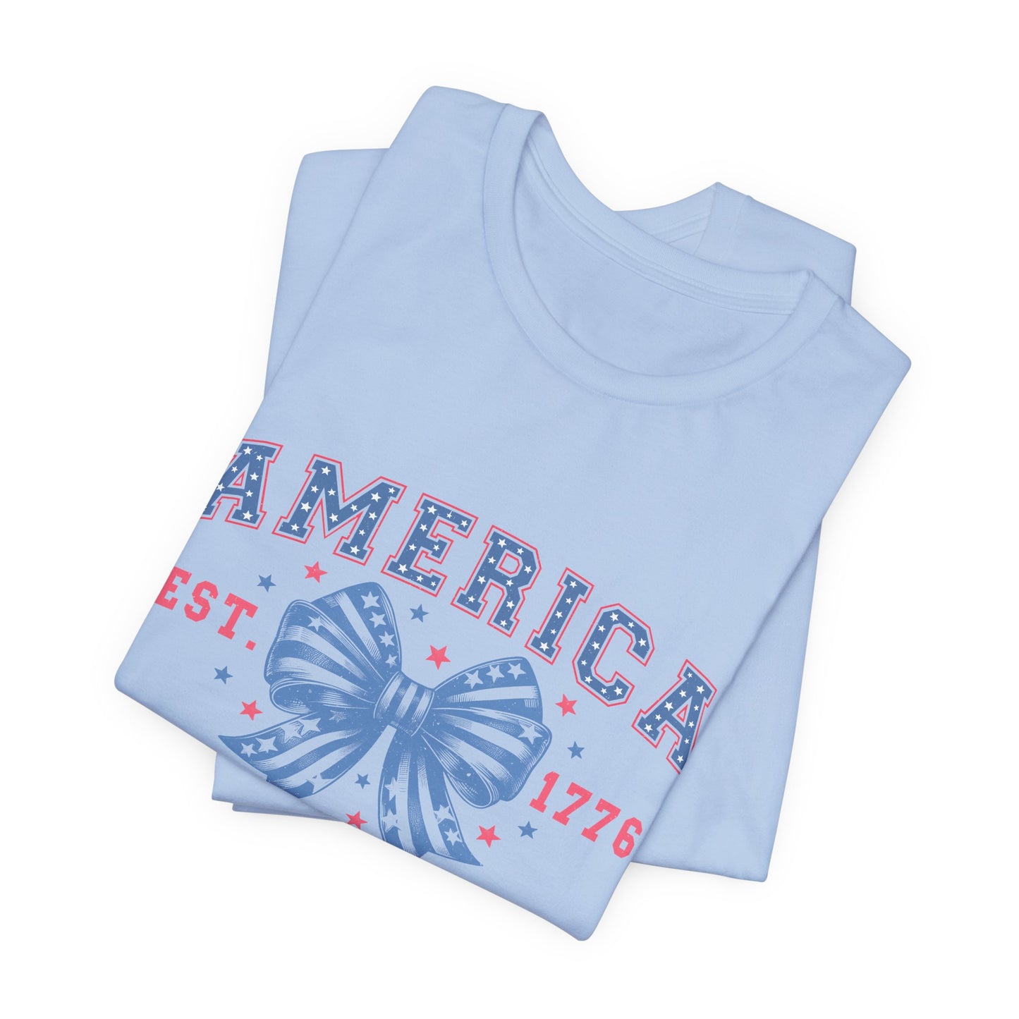 America Est. 1776 Patriotic T-Shirt – Stars & Stripes Bow Graphic