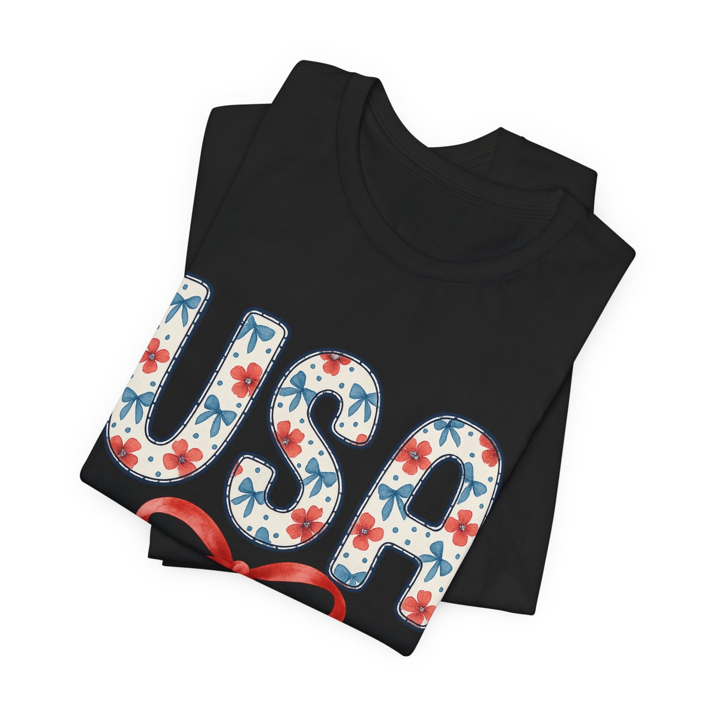 USA Floral Graphic Tee with Ribbon – 4th of July Patriotic Shirt