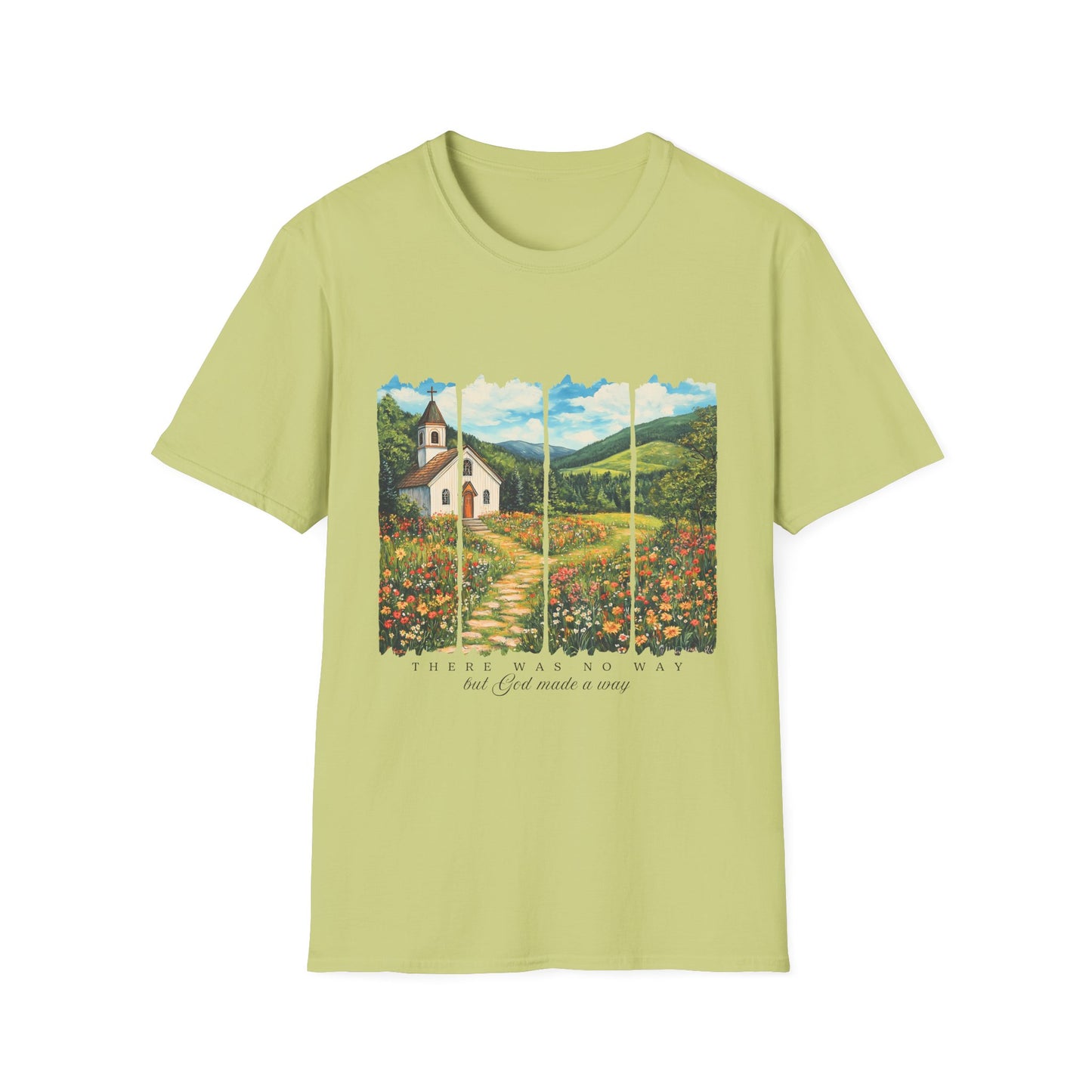 Scenic Chapel Landscape T-Shirt — Countryside Floral Mountain Art Tee