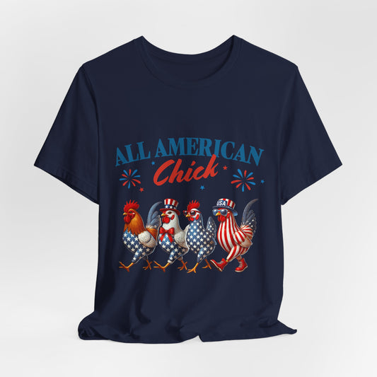 All American Chick T-Shirt — Patriotic 4th of July Rooster Graphic Tee