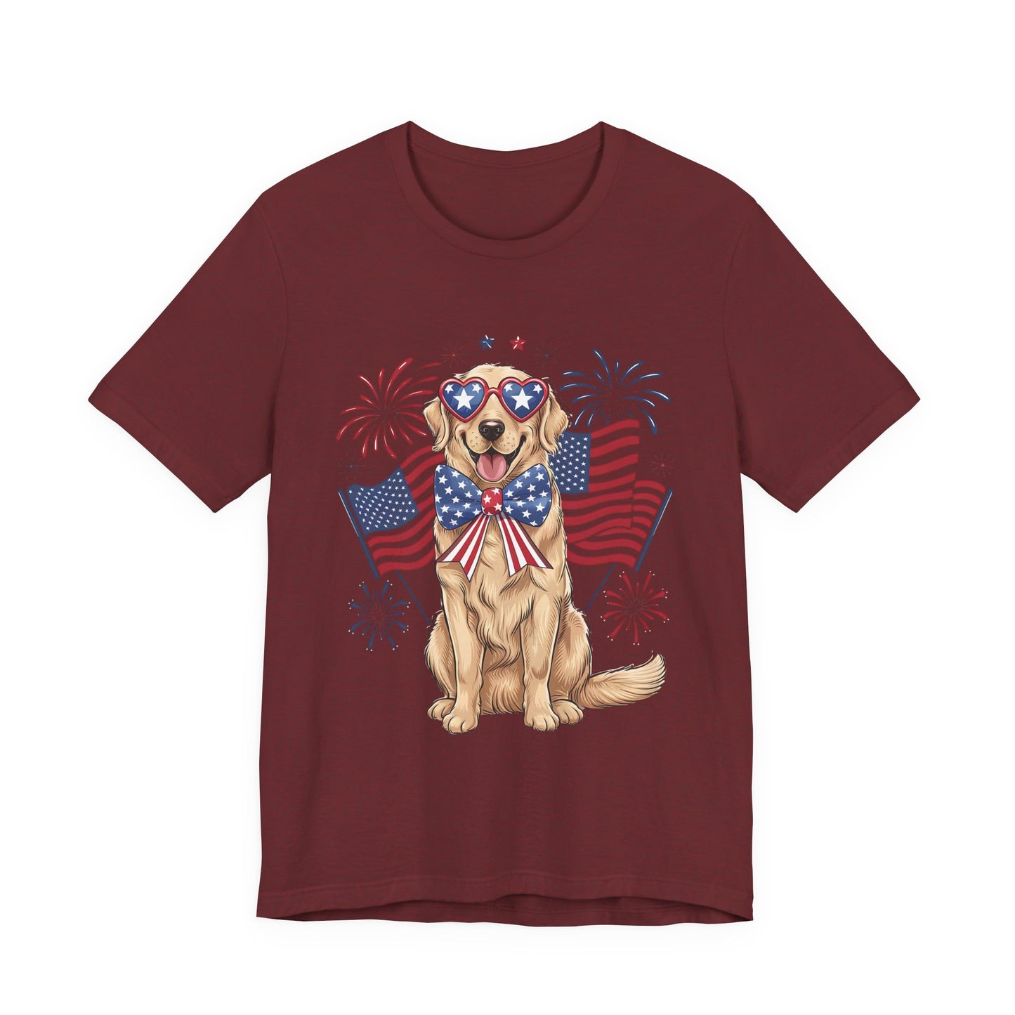 Patriotic Golden Retriever T‑Shirt — USA Flag Dog with Fireworks