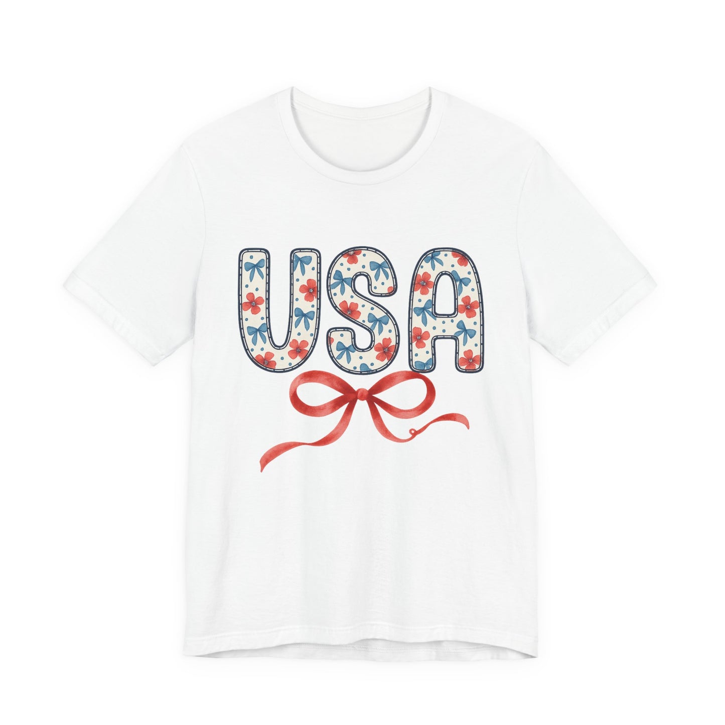 USA Floral Graphic Tee with Ribbon – 4th of July Patriotic Shirt