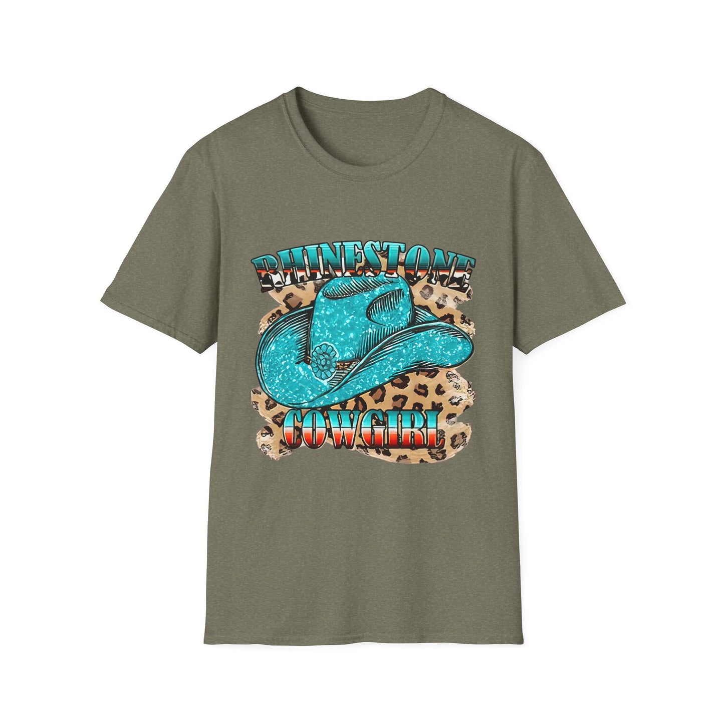 Rhinestone Cowgirl Tee – Turquoise Cowboy Hat on Leopard Print