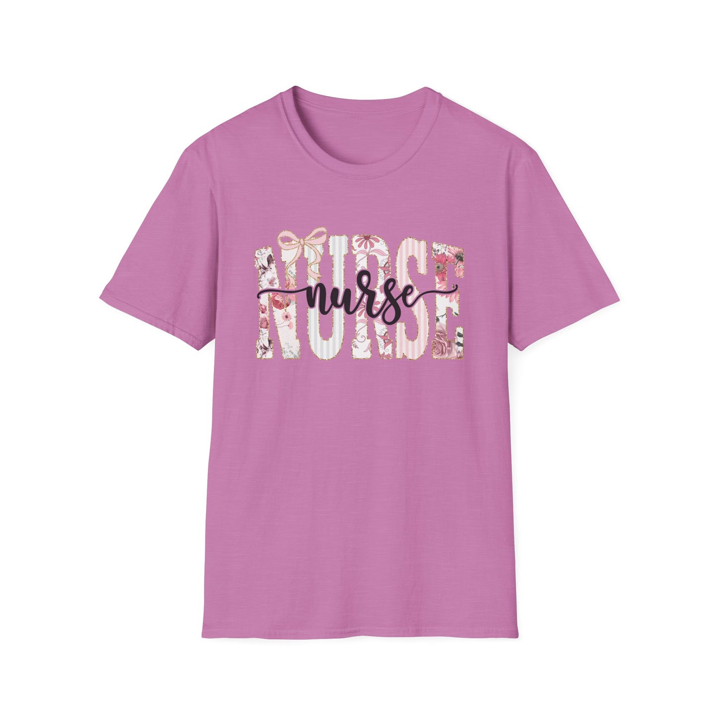 Nurse Floral Graphic Tee — 'Nurse' Script Over Pink Floral Block Letters