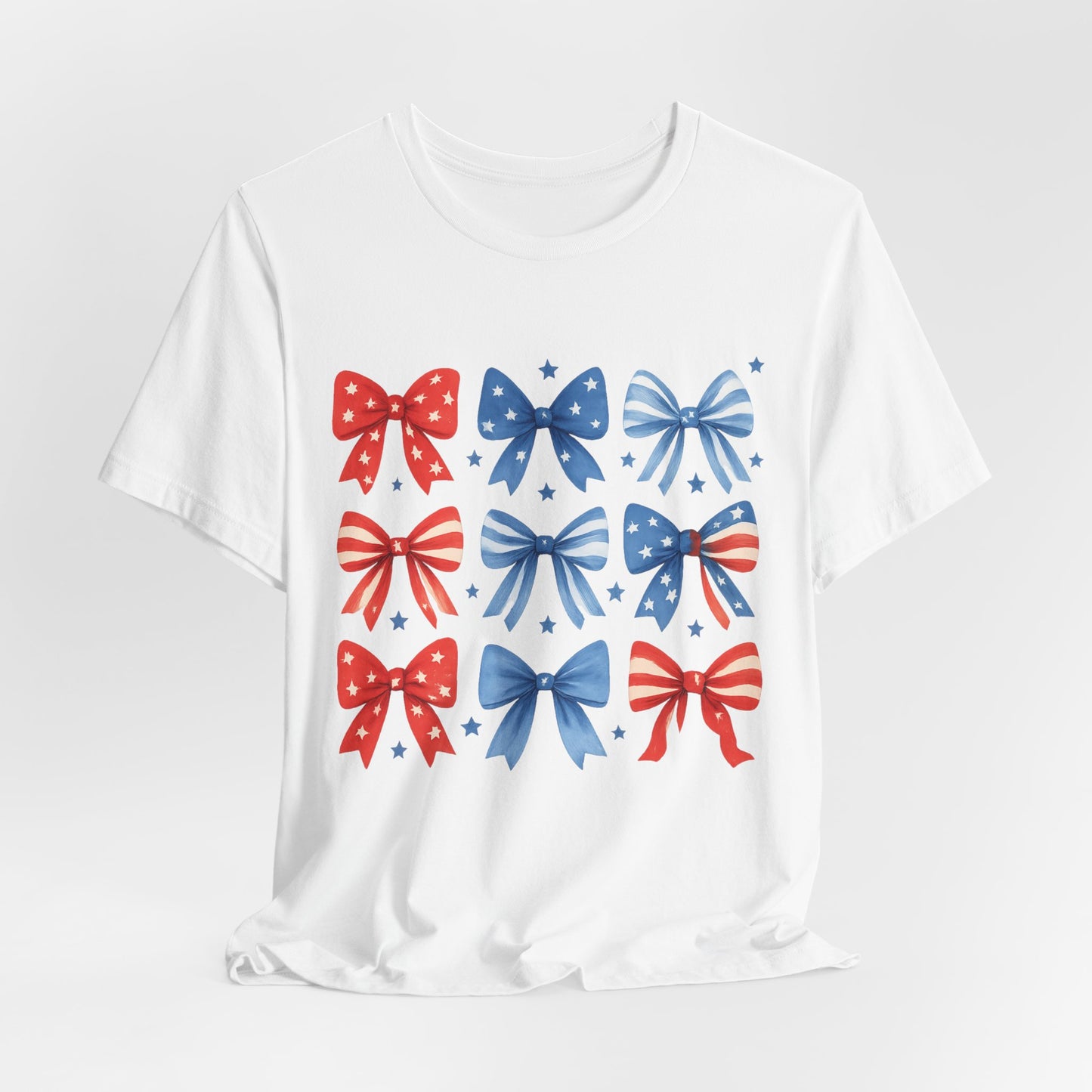 Patriotic Red & Blue Bows Tee — 4th of July Graphic T-Shirt