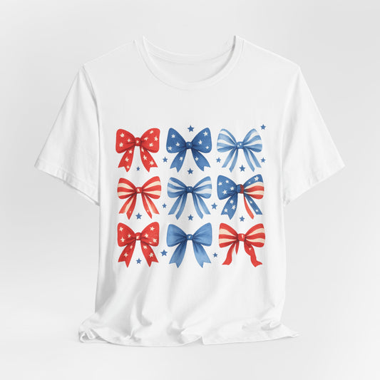 Patriotic Red & Blue Bows Tee — 4th of July Graphic T-Shirt