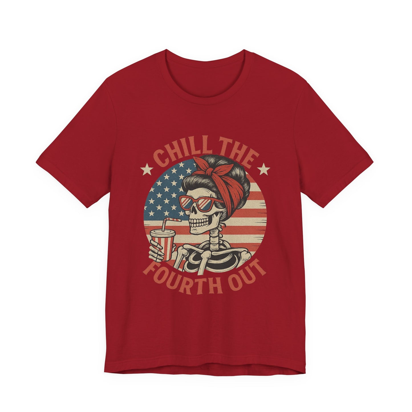 Chill the Fourth Out Tee – Retro Skull with American Flag & Drink | 4th of July Patriotic Shirt