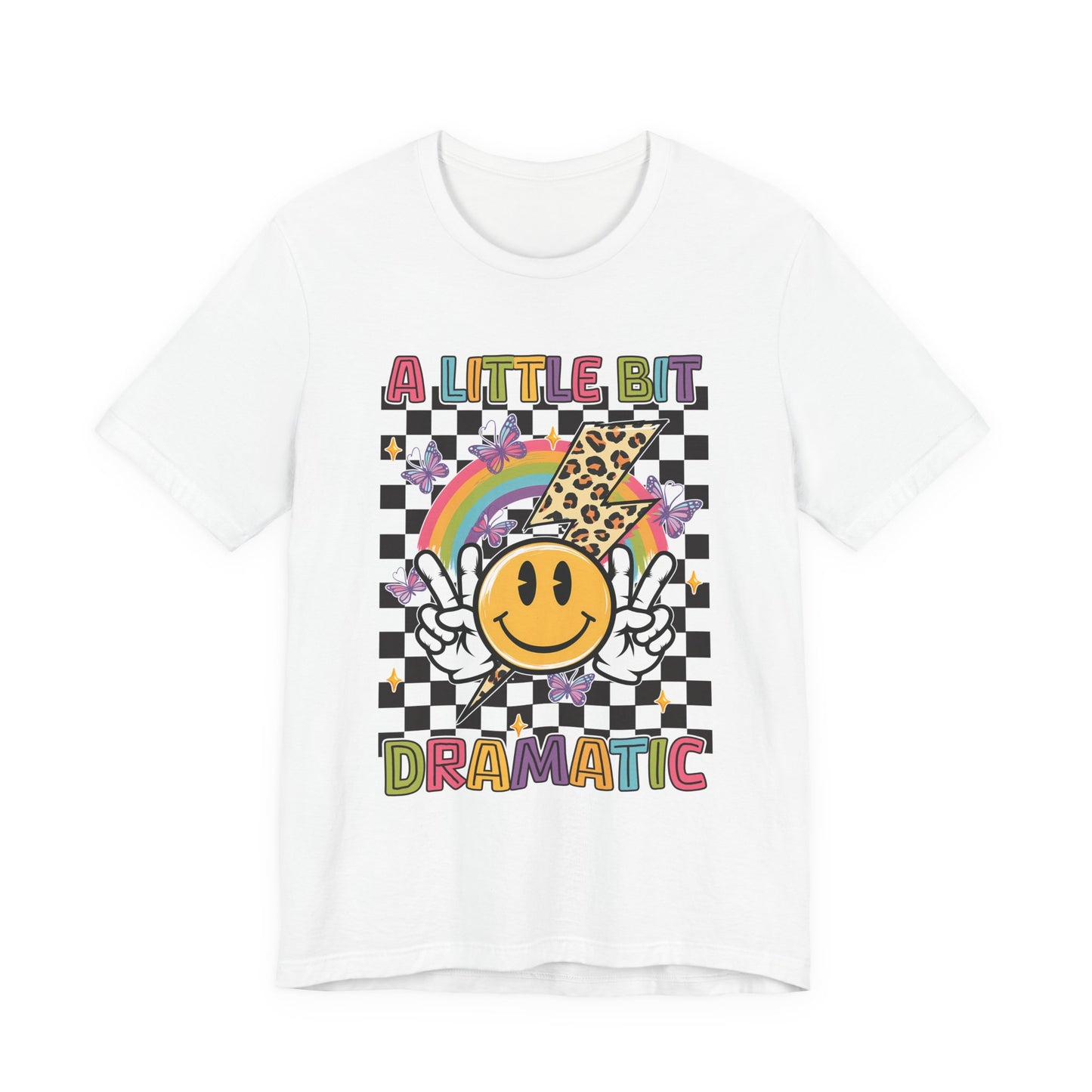 A Little Bit Dramatic Graphic Tee — Smiley Rainbow Checkerboard T-Shirt