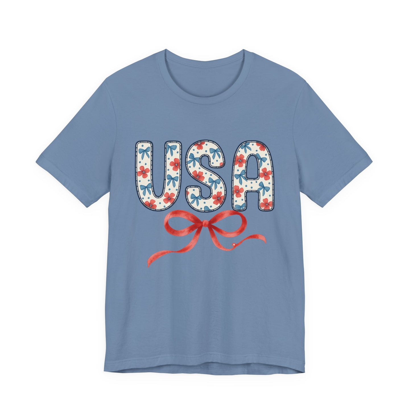 USA Floral Graphic Tee with Ribbon – 4th of July Patriotic Shirt