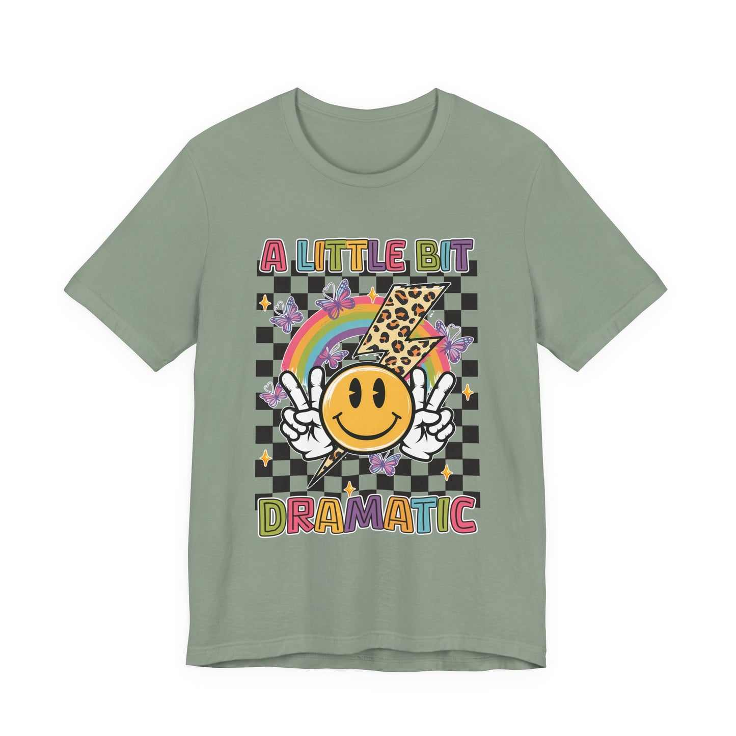 A Little Bit Dramatic Graphic Tee — Smiley Rainbow Checkerboard T-Shirt