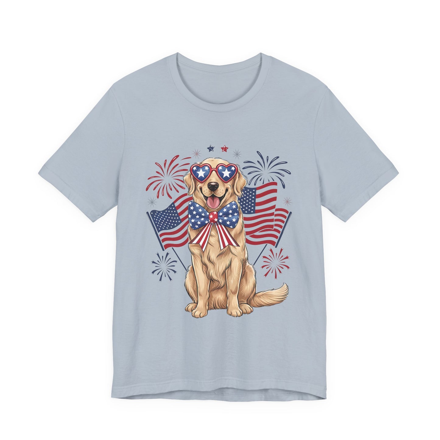 Patriotic Golden Retriever T‑Shirt — USA Flag Dog with Fireworks