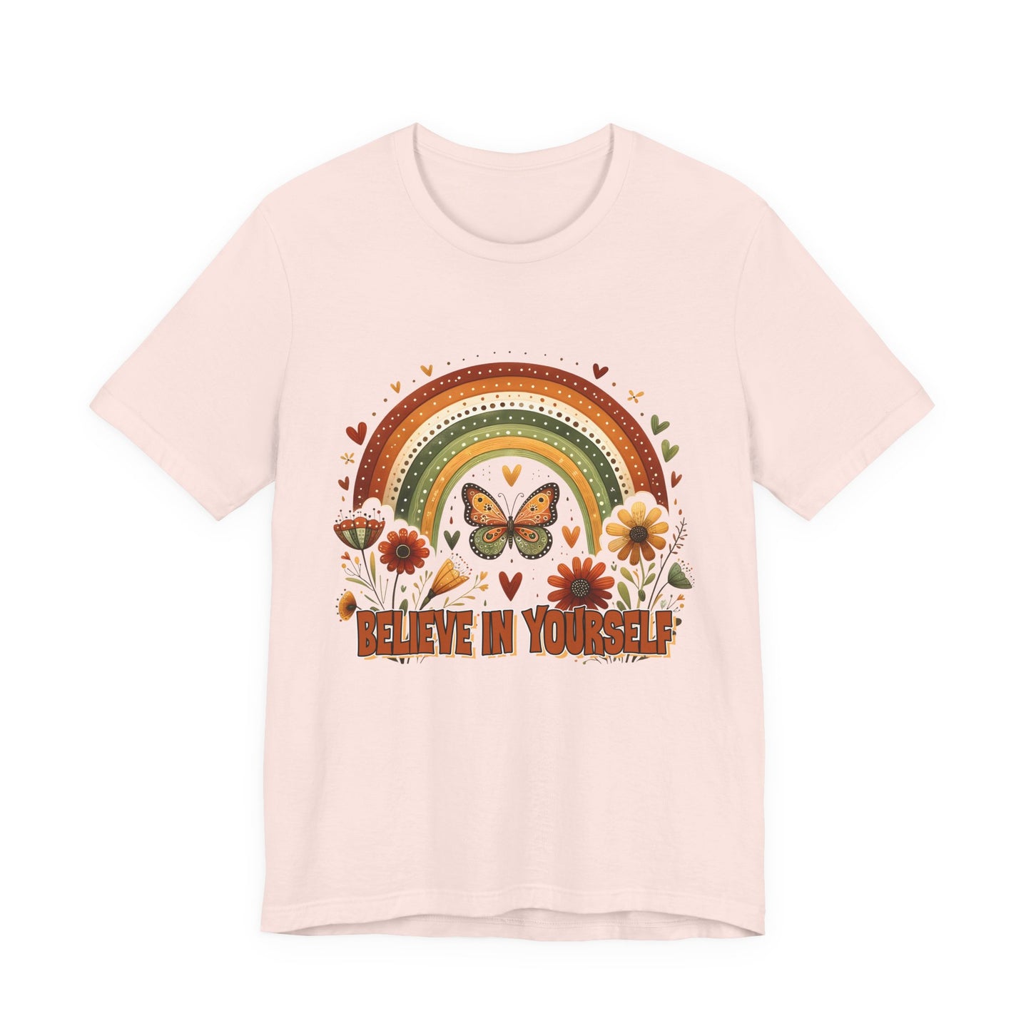 Believe In Yourself Butterfly Tee — Retro Rainbow Floral Inspirational T‑Shirt
