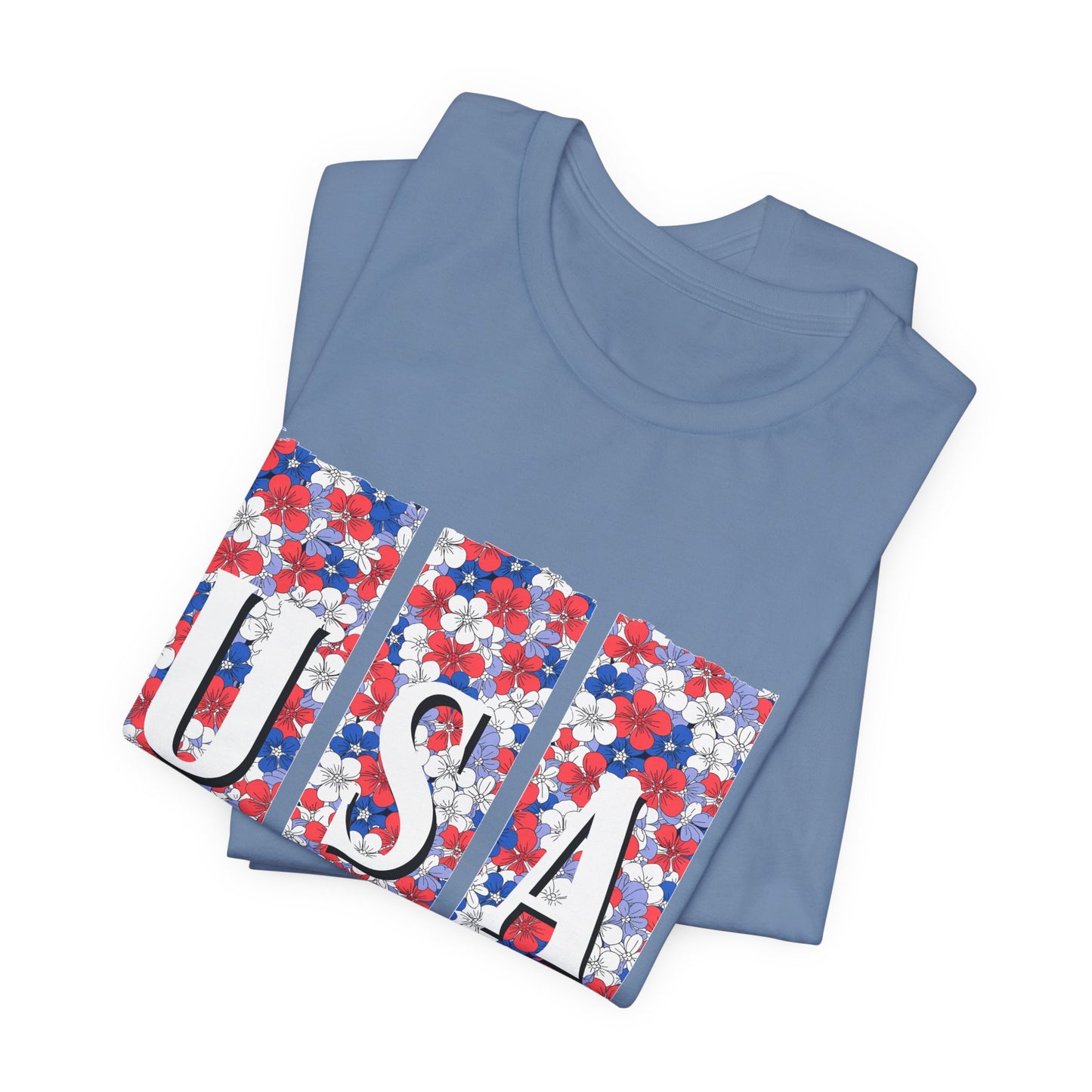 USA Floral Flag T-Shirt — Patriotic Red White Blue Tee (4th of July)