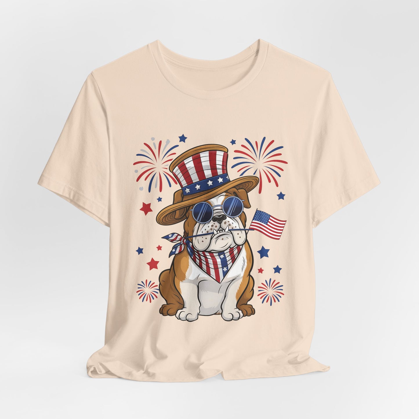 Patriotic Bulldog T-Shirt — American Flag Pup with Uncle Sam Hat & Fireworks (4th of July Tee)
