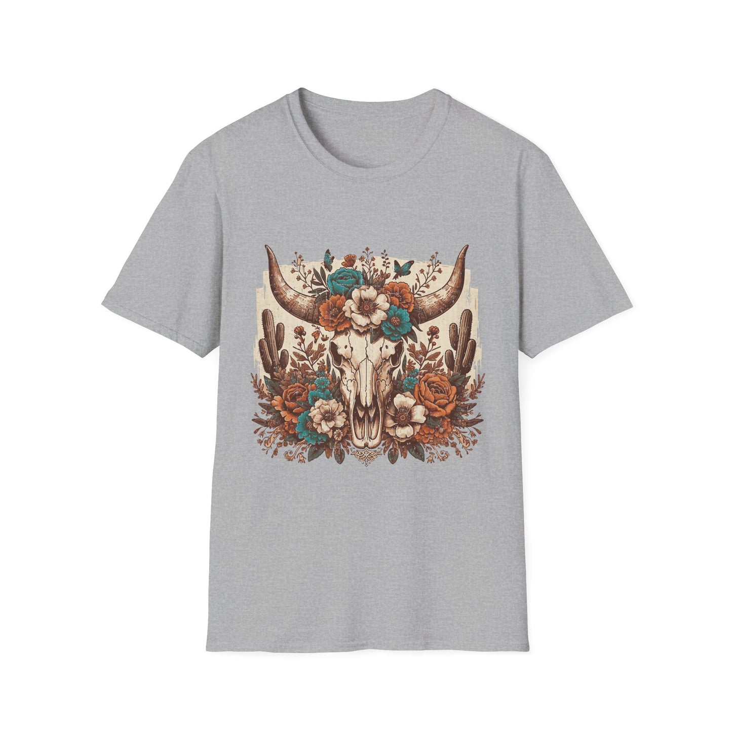 Boho Western Skull T-Shirt — Floral Longhorn Graphic Tee