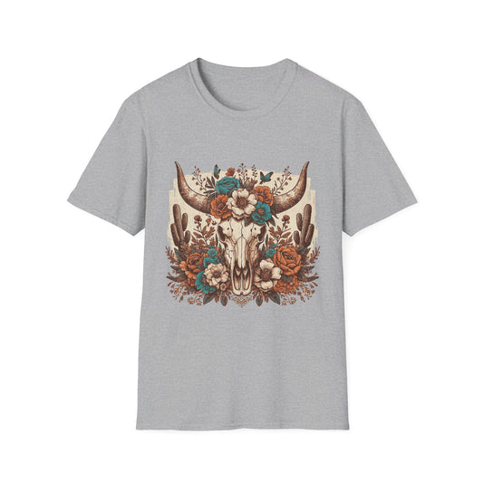 Boho Western Skull T-Shirt — Floral Longhorn Graphic Tee