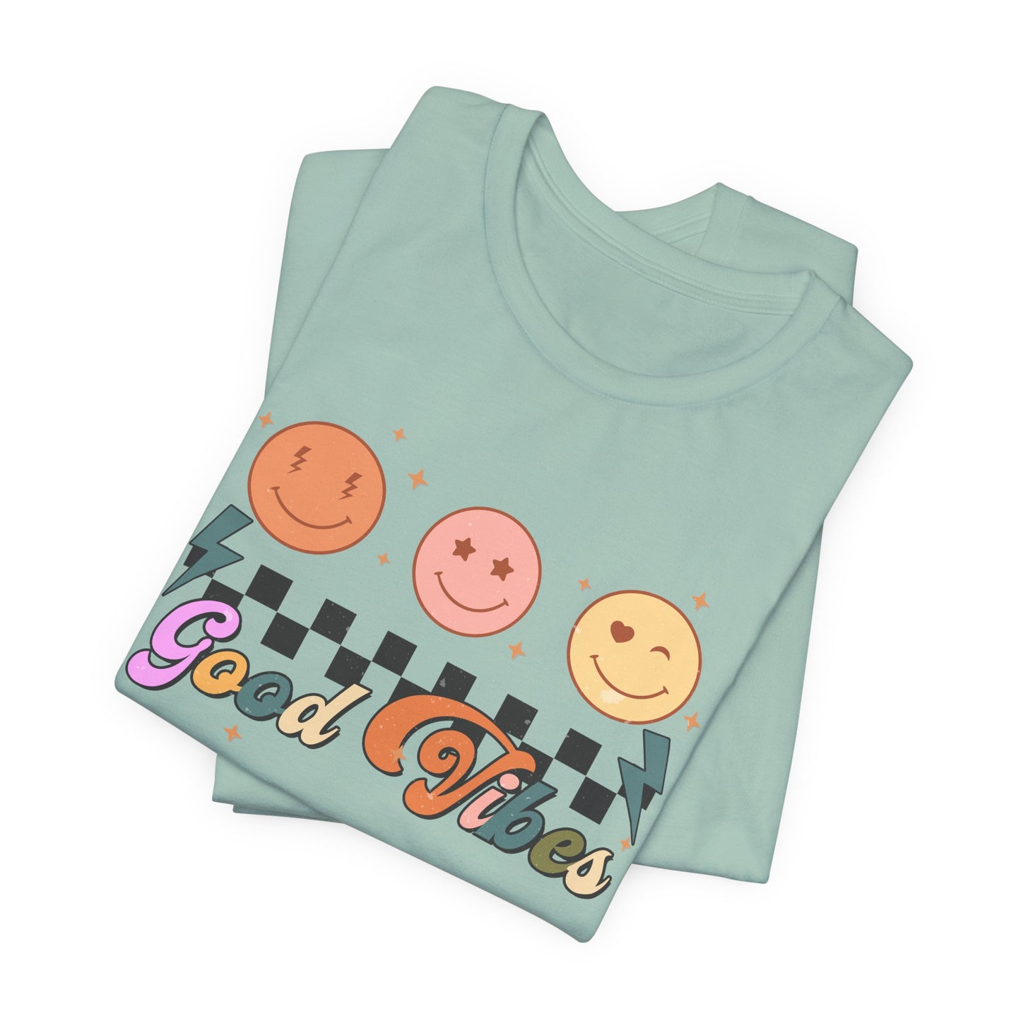Good Vibes Smiley Tee — Retro Checkerboard Positive Graphic T-Shirt