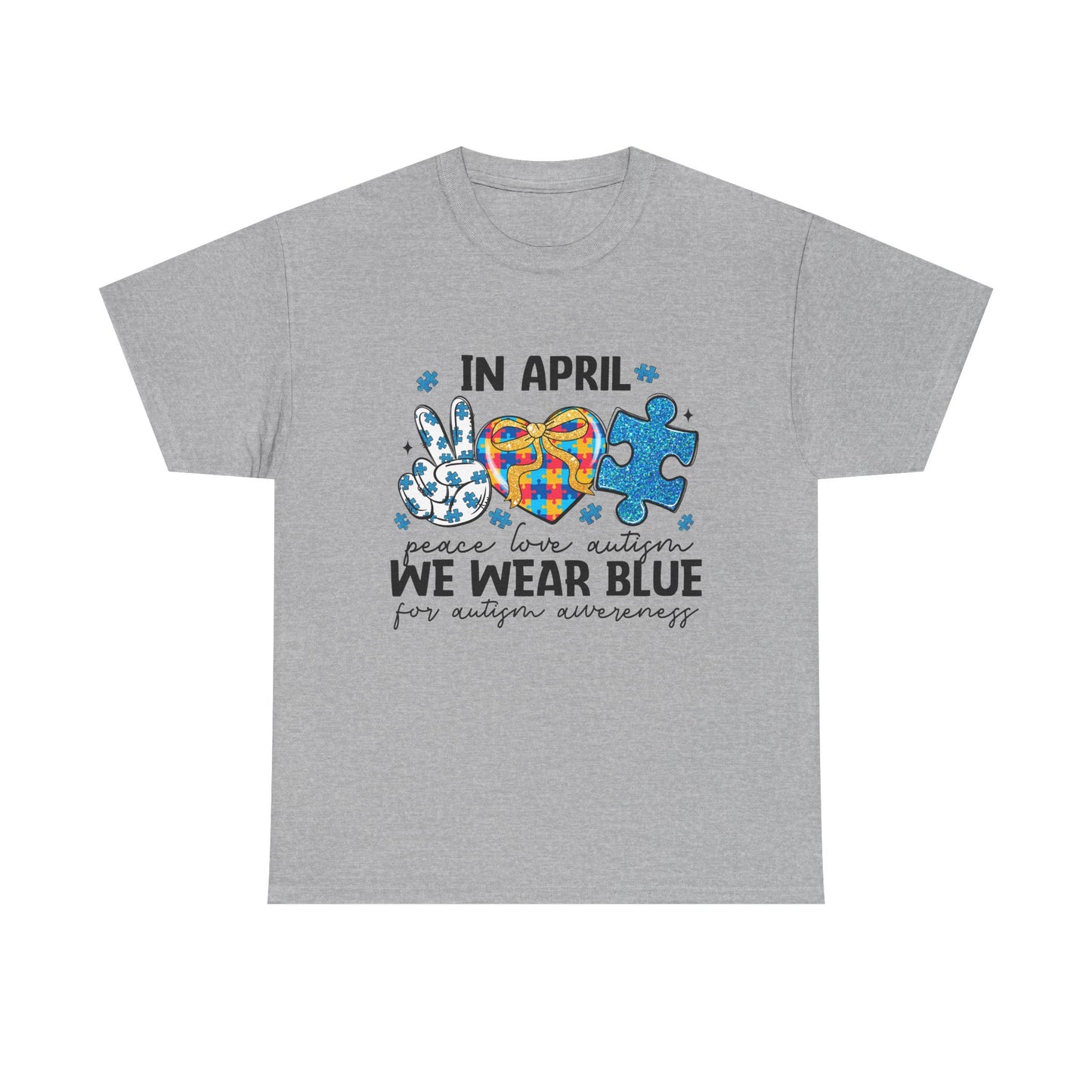 Autism Awareness Tee — "In April We Wear Blue" Puzzle Heart Peace Sign