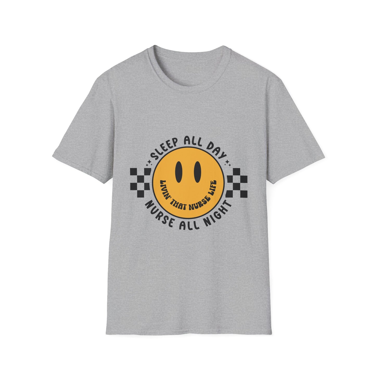 Nurse Smiley Tee — “Sleep All Day, Nurse All Night” Graphic T-Shirt