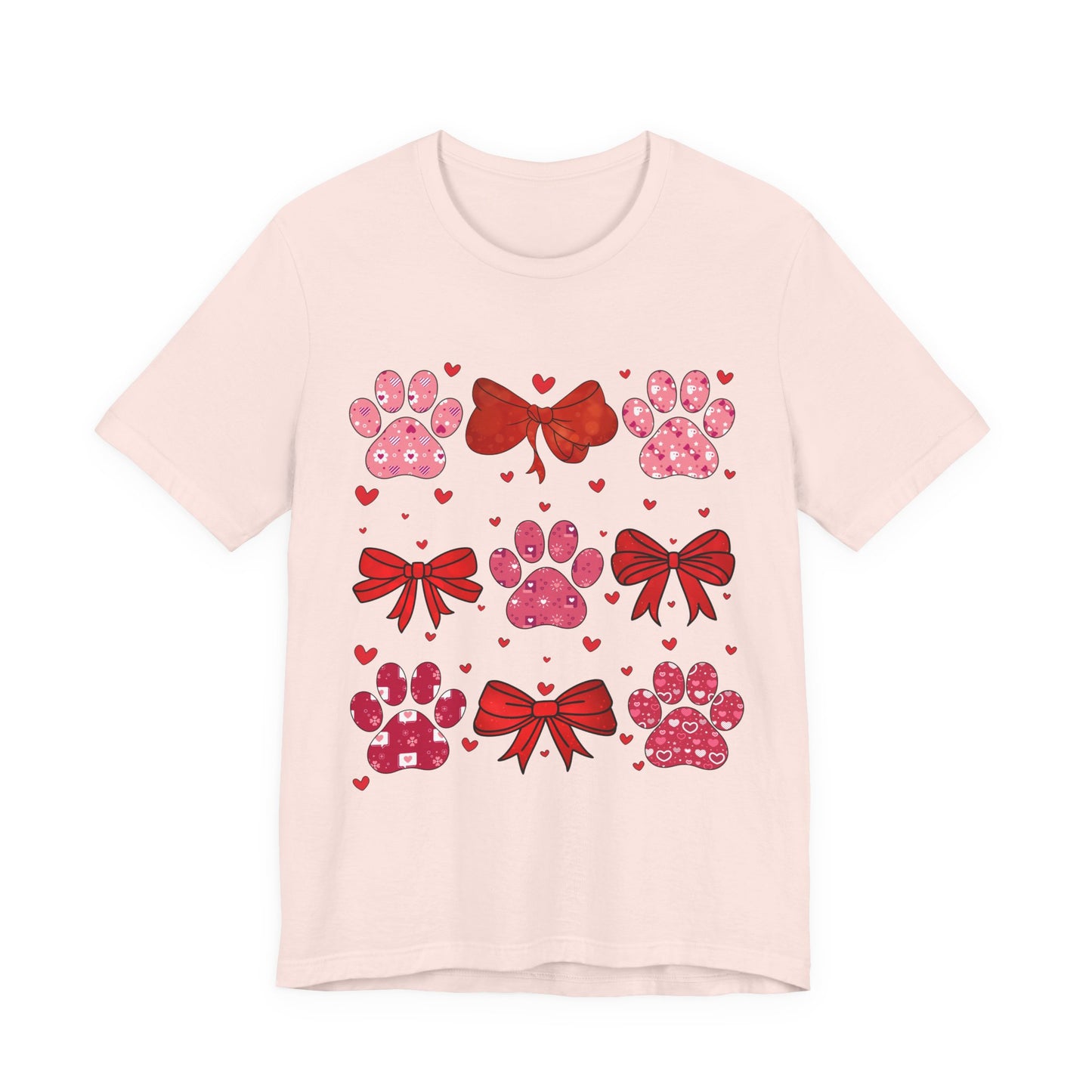 Valentine Paw Prints T‑Shirt — Cute Red Bows & Hearts Pet Lover Tee