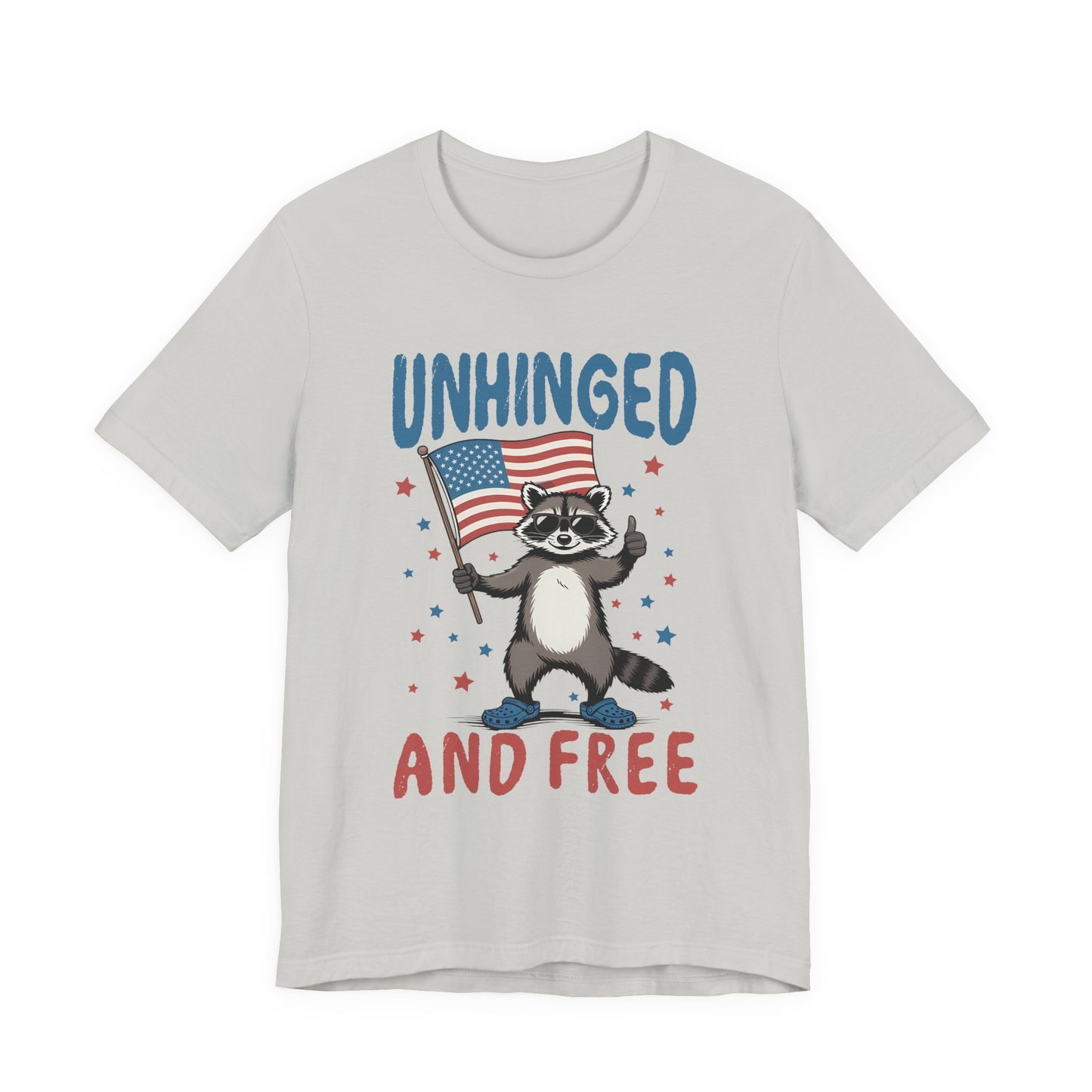 T‑Shirt — "Unhinged and Free" Raccoon American Flag Graphic Tee