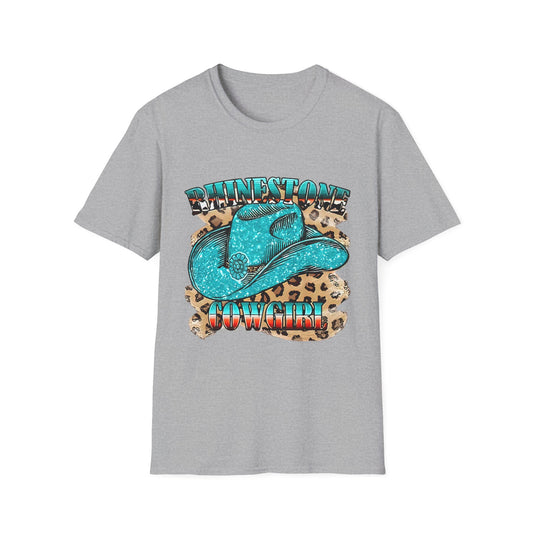 Rhinestone Cowgirl Tee – Turquoise Cowboy Hat on Leopard Print
