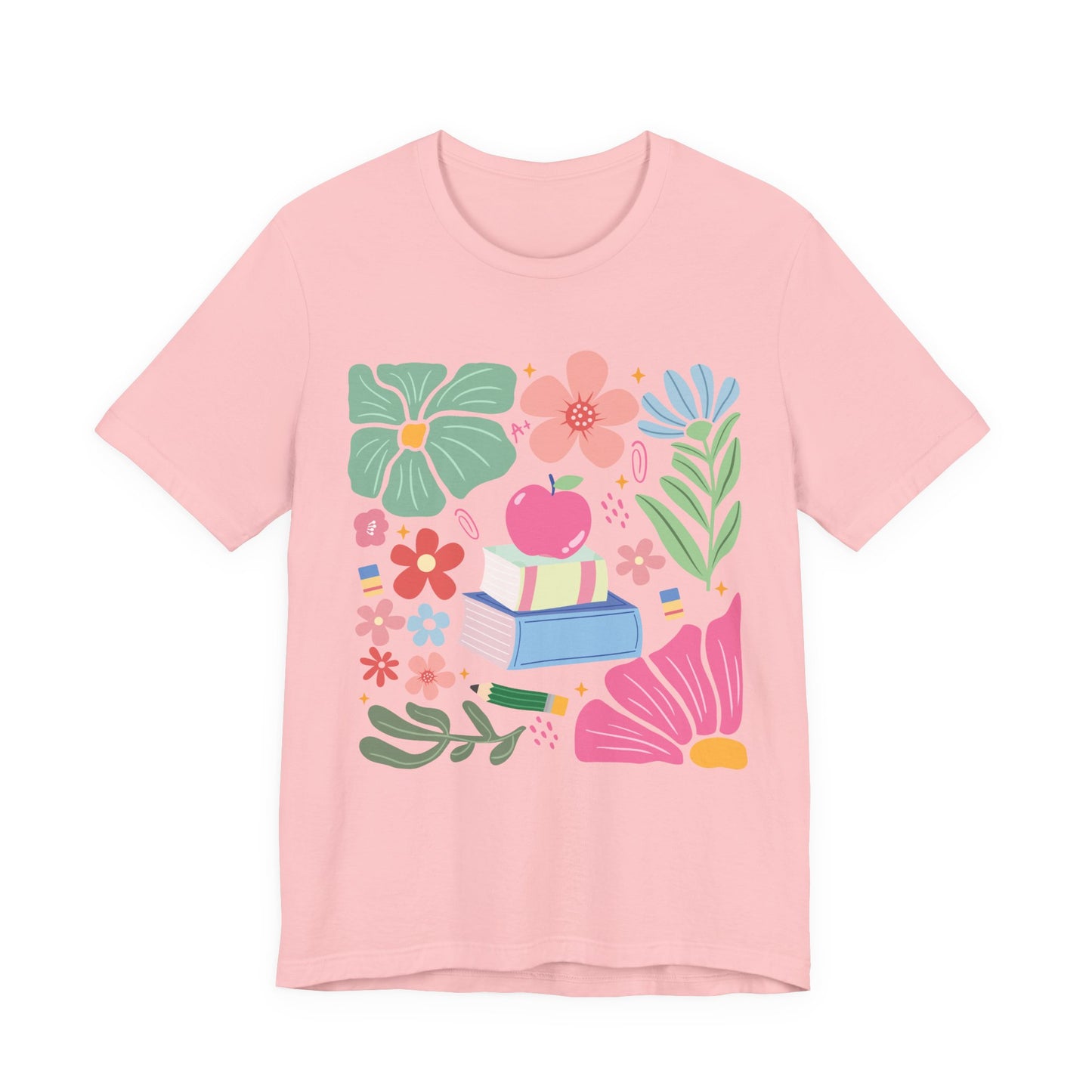 Floral Books & Apple Tee — Cute Spring Reading T-Shirt