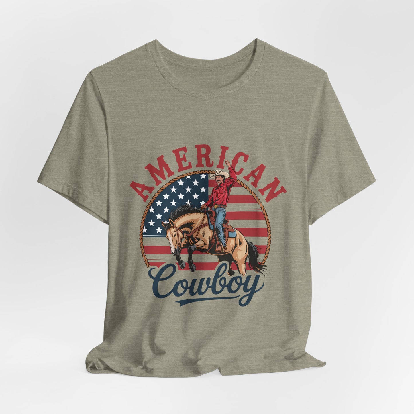 American Cowboy T-Shirt – patriotic rodeo tee with flag and rider