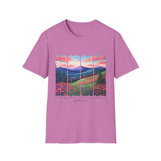 Scenic Mountain Sunset T-Shirt — Wildflower Valley Landscape Tee