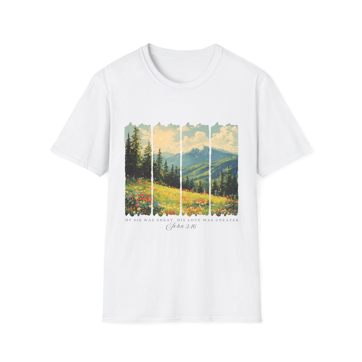 Mountain Meadow T-Shirt — Scenic Landscape Panel Tee