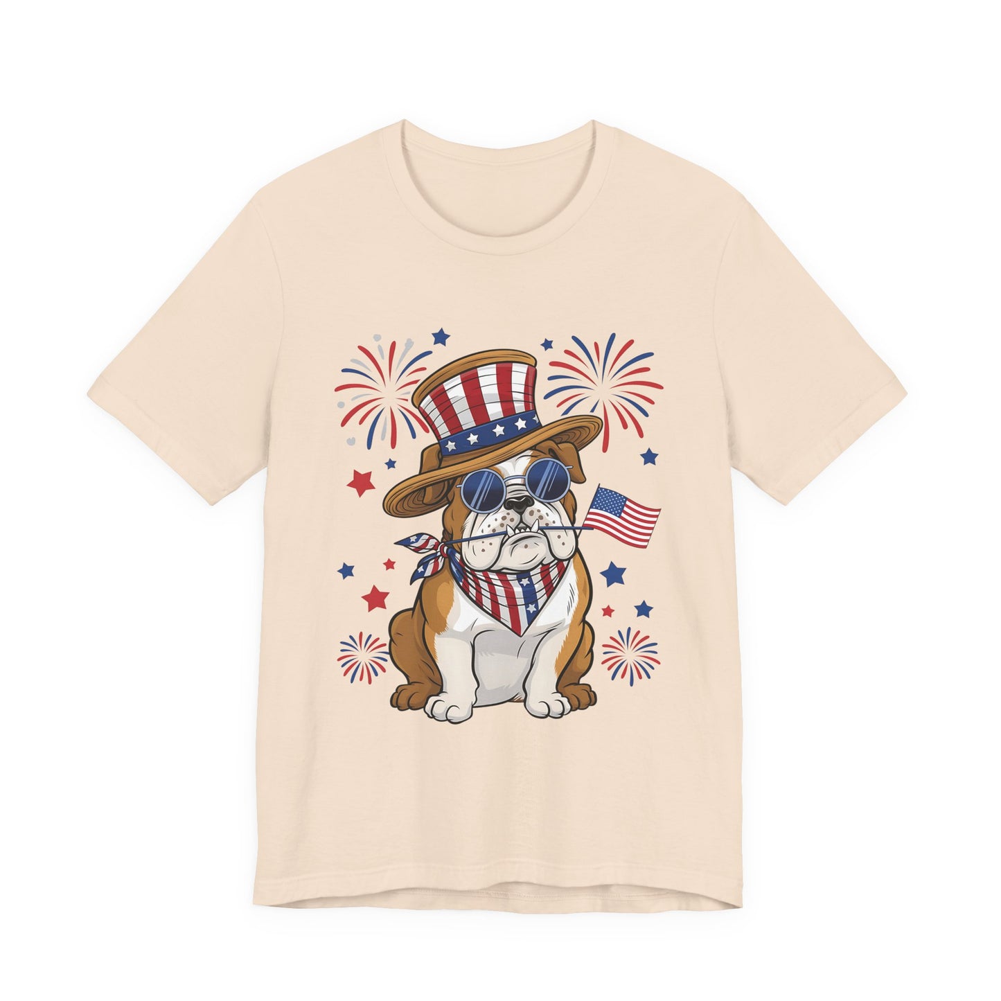 Patriotic Bulldog T-Shirt — American Flag Pup with Uncle Sam Hat & Fireworks (4th of July Tee)