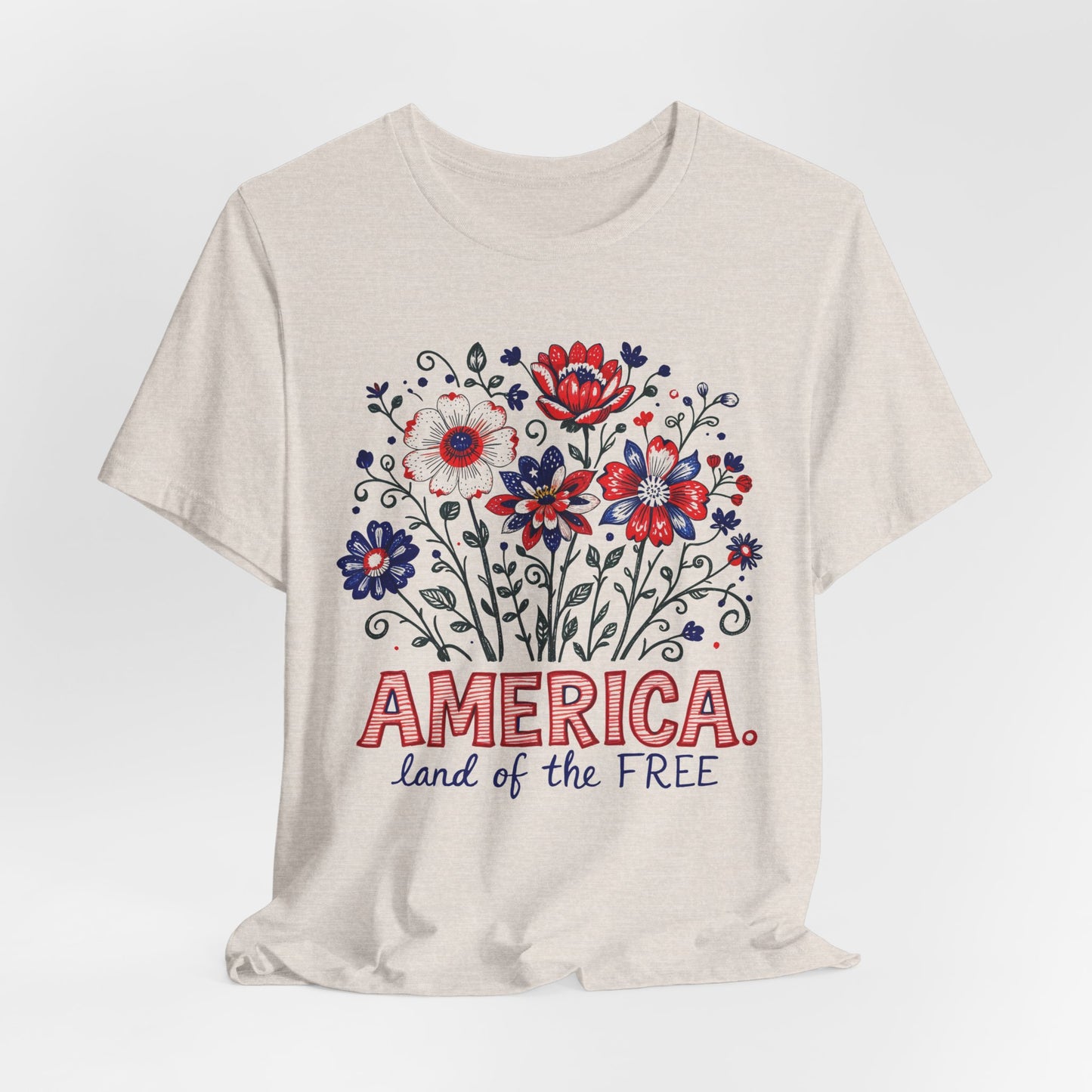 Patriotic Floral Tee — "America, Land of the Free"