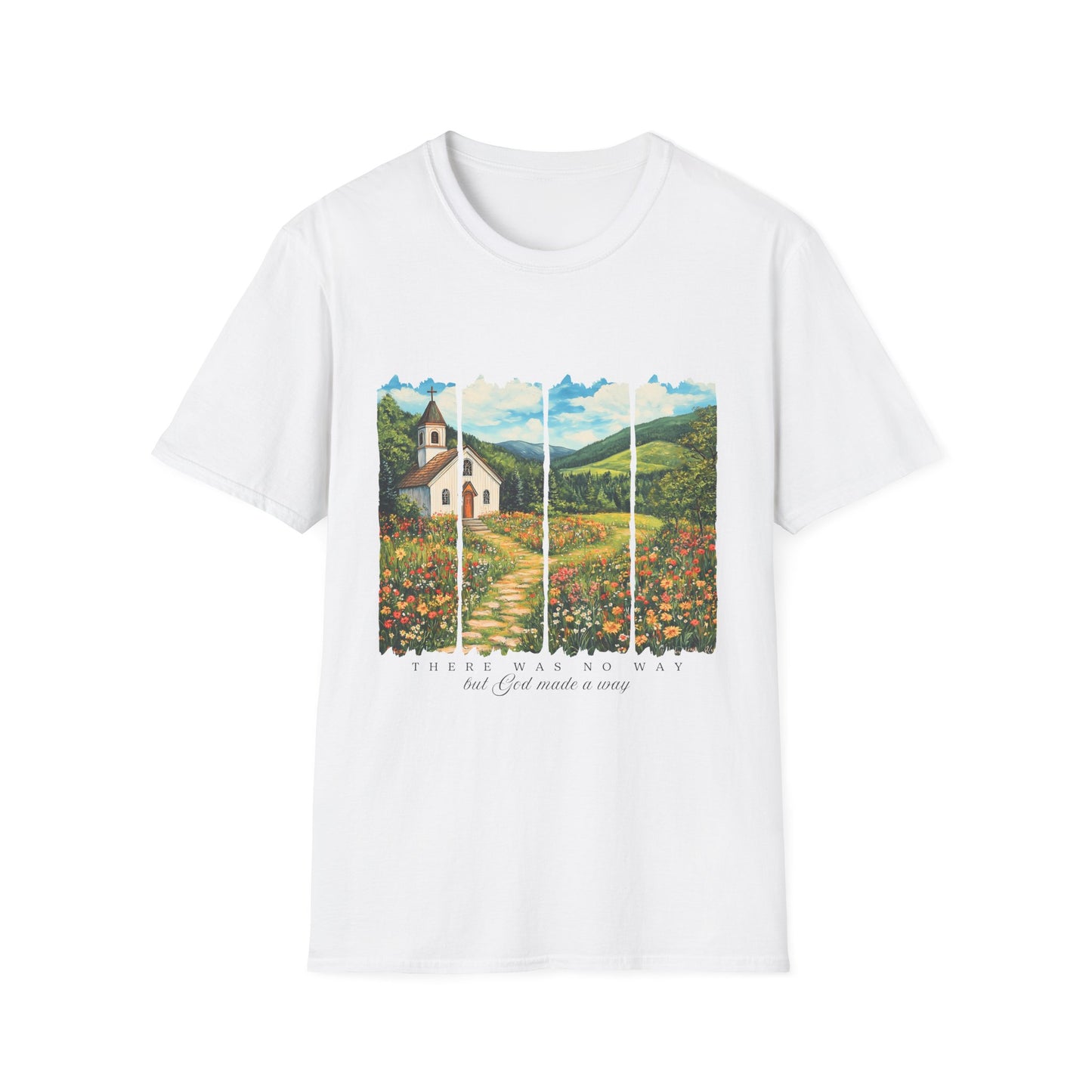 Scenic Chapel Landscape T-Shirt — Countryside Floral Mountain Art Tee