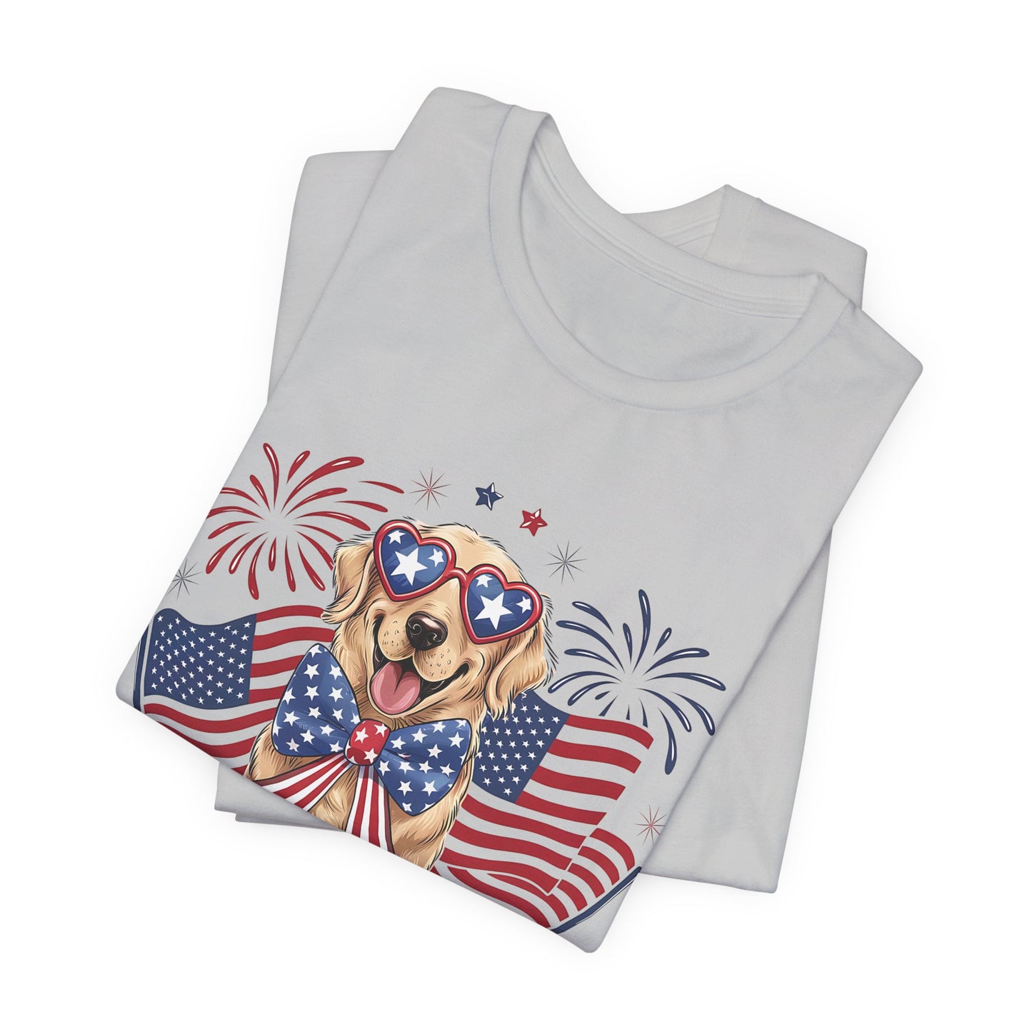 Patriotic Golden Retriever T‑Shirt — USA Flag Dog with Fireworks