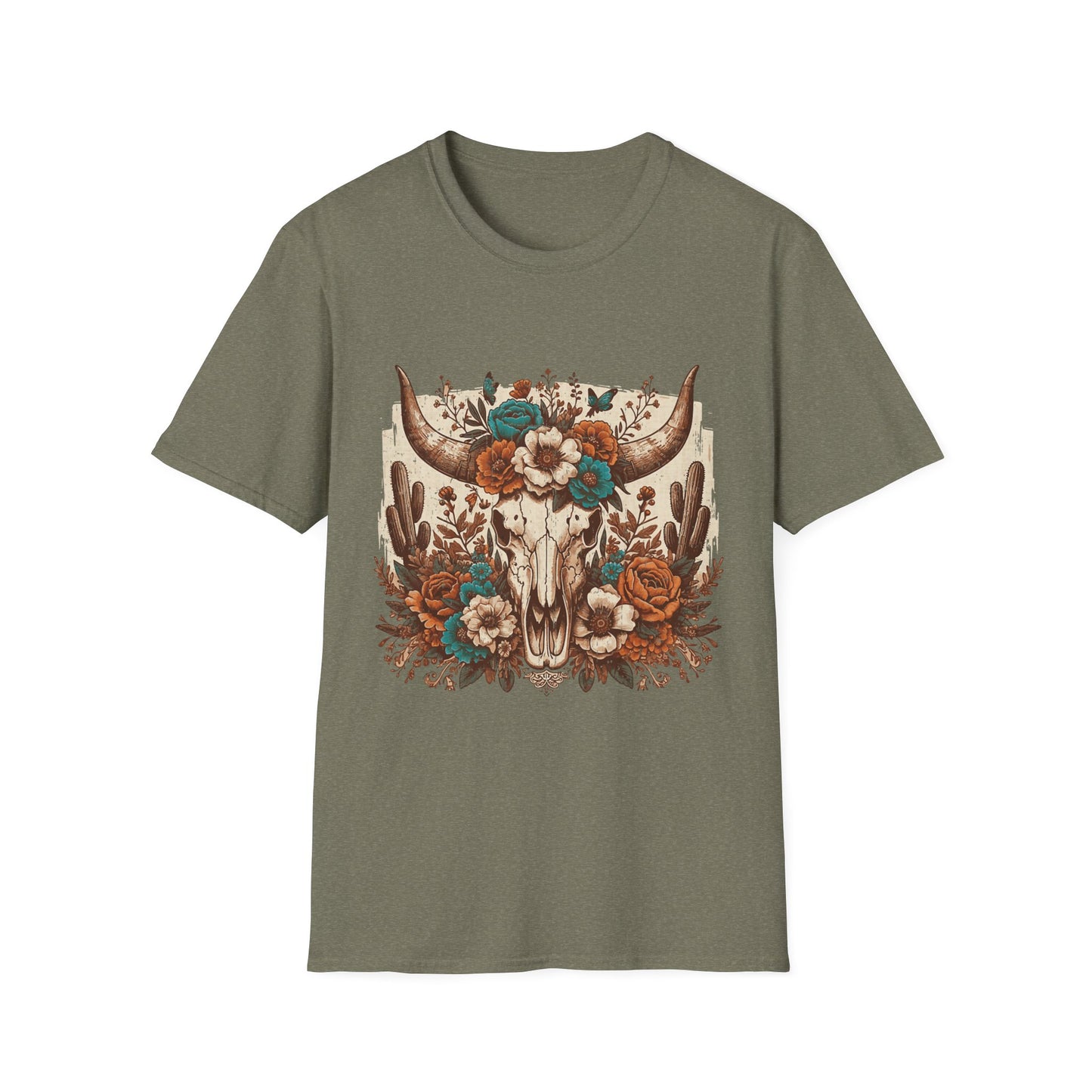 Boho Western Skull T-Shirt — Floral Longhorn Graphic Tee