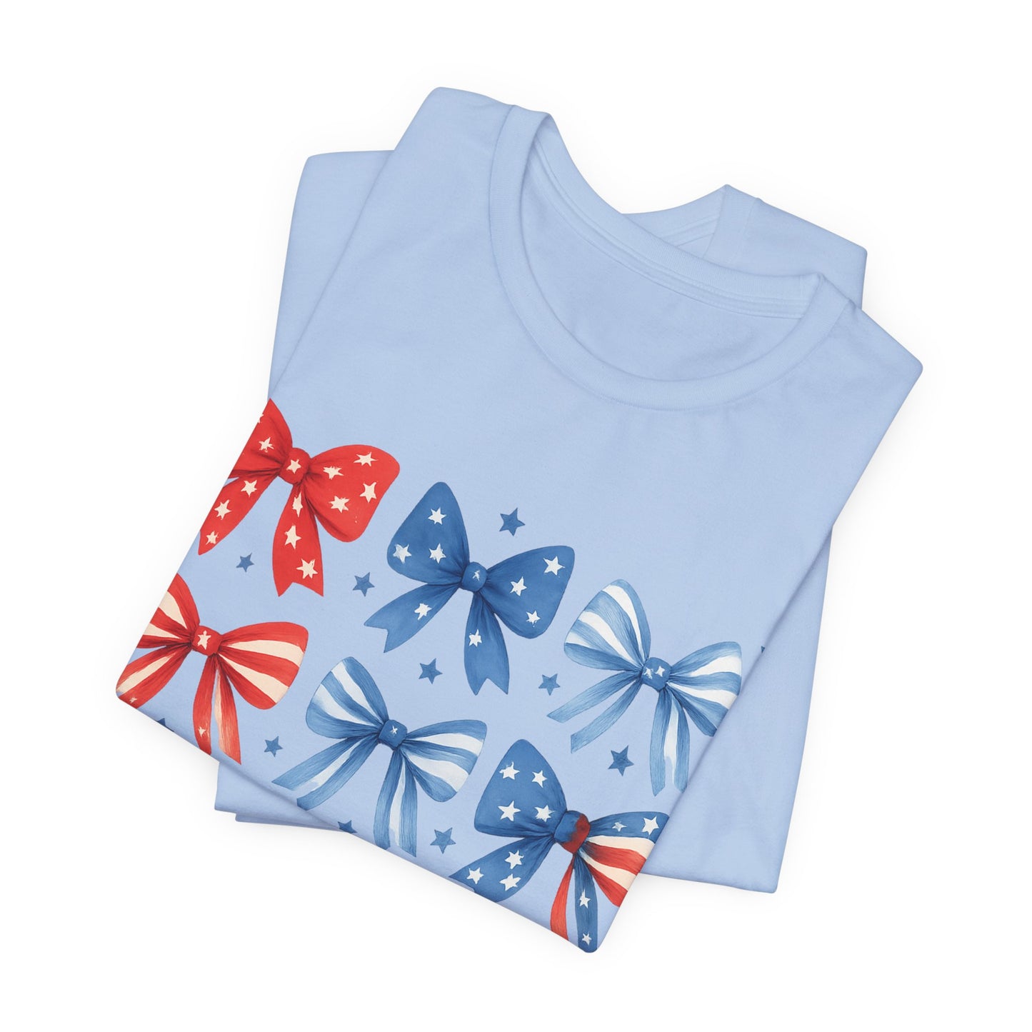 Patriotic Red & Blue Bows Tee — 4th of July Graphic T-Shirt