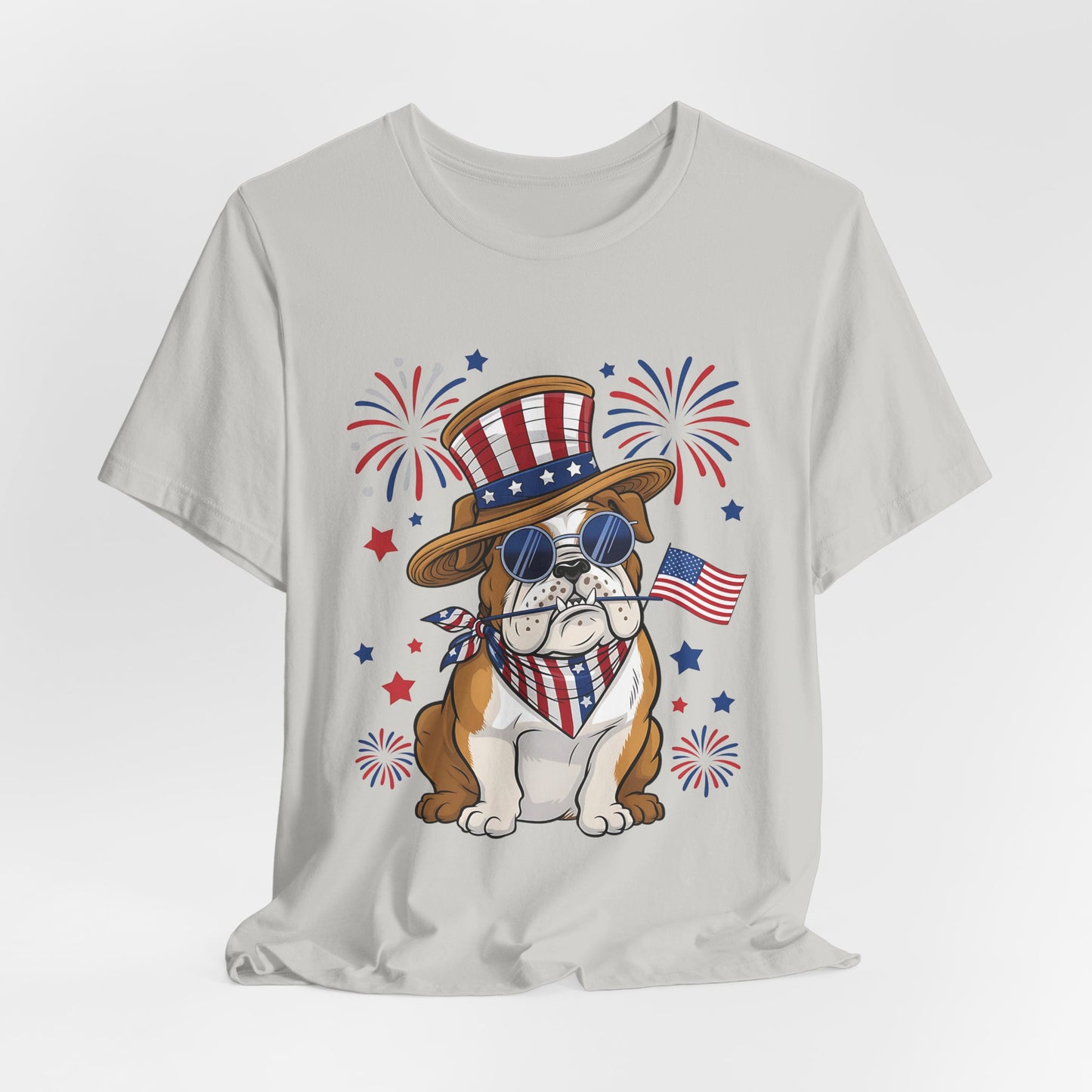 Patriotic Bulldog T-Shirt — American Flag Pup with Uncle Sam Hat & Fireworks (4th of July Tee)