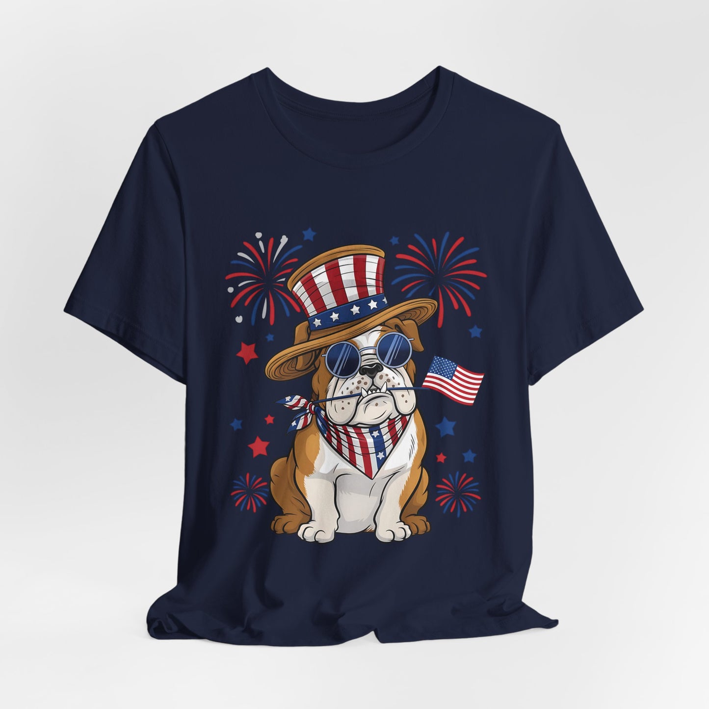 Patriotic Bulldog T-Shirt — American Flag Pup with Uncle Sam Hat & Fireworks (4th of July Tee)