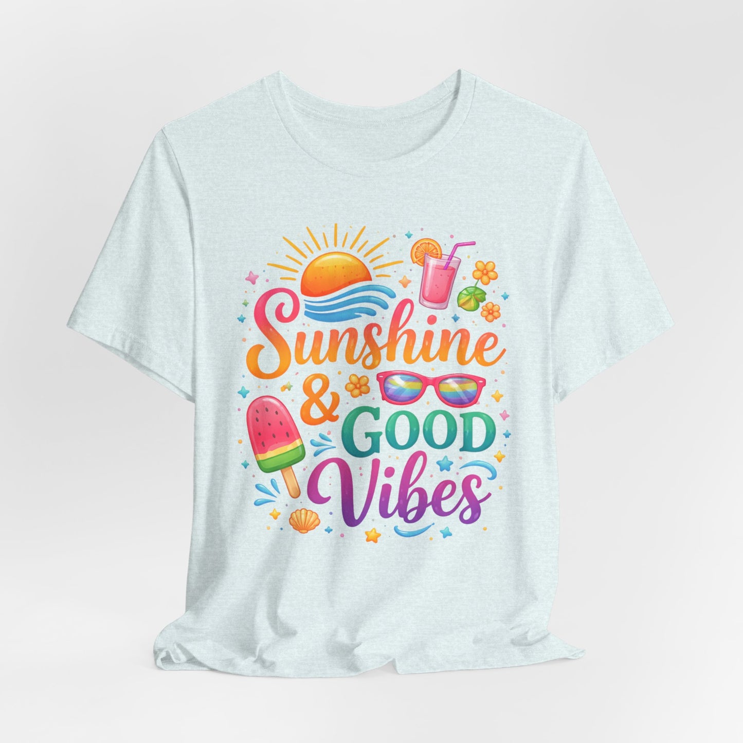 Sunshine & Good Vibes T-Shirt | Summer Beach Drink Sunglasses Popsicle Design