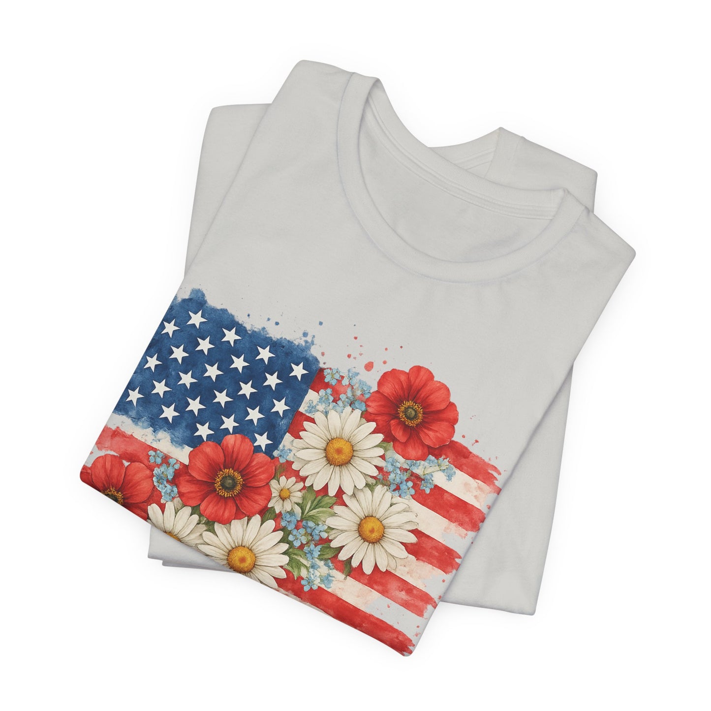 American Flag Floral T‑Shirt – Patriotic Daisy & Poppy USA Tee